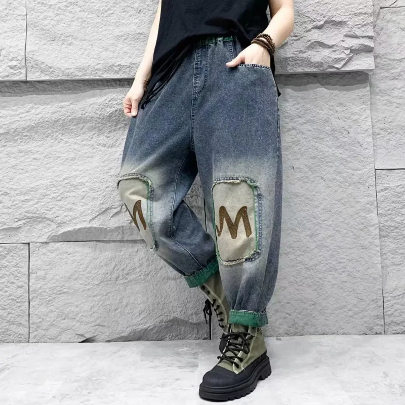 Jeansy damskie baggy z wysokim stanem, z elastycznego denimu, patchworkowe