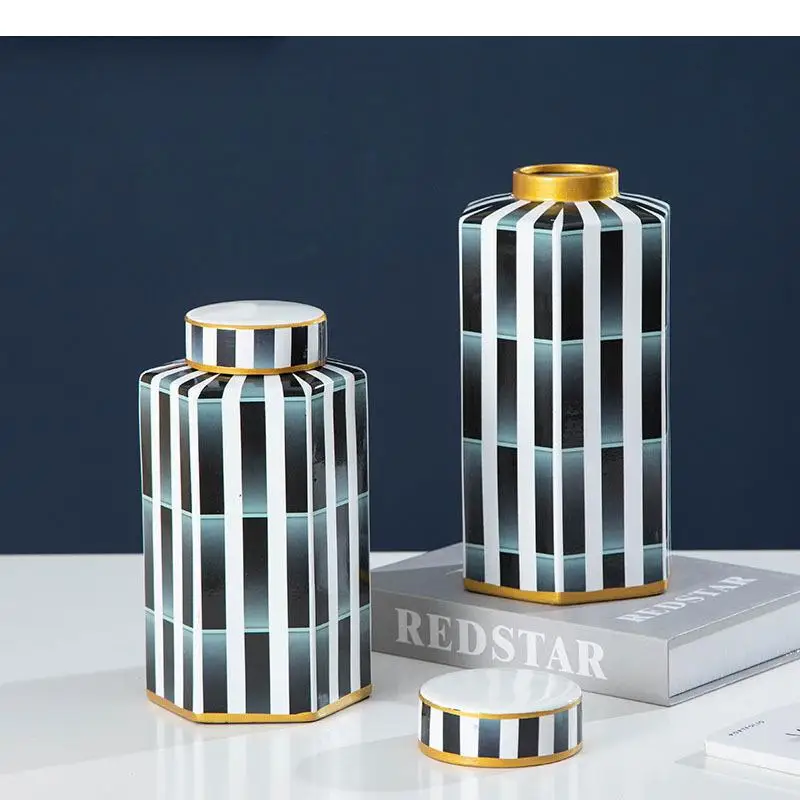 Ceramiczny wazon dekoracyjny porcelanowy, sześciokątny, z pokrywką
