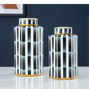 Ceramiczny wazon dekoracyjny porcelanowy, sześciokątny, z pokrywką