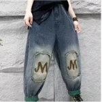 Jeansy damskie baggy z wysokim stanem, z elastycznego denimu, patchworkowe