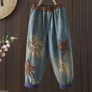 Jeansy damskie baggy z haftem, patchworkowe, w stylu retro