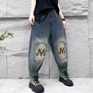 Jeansy damskie baggy z wysokim stanem, z elastycznego denimu, patchworkowe