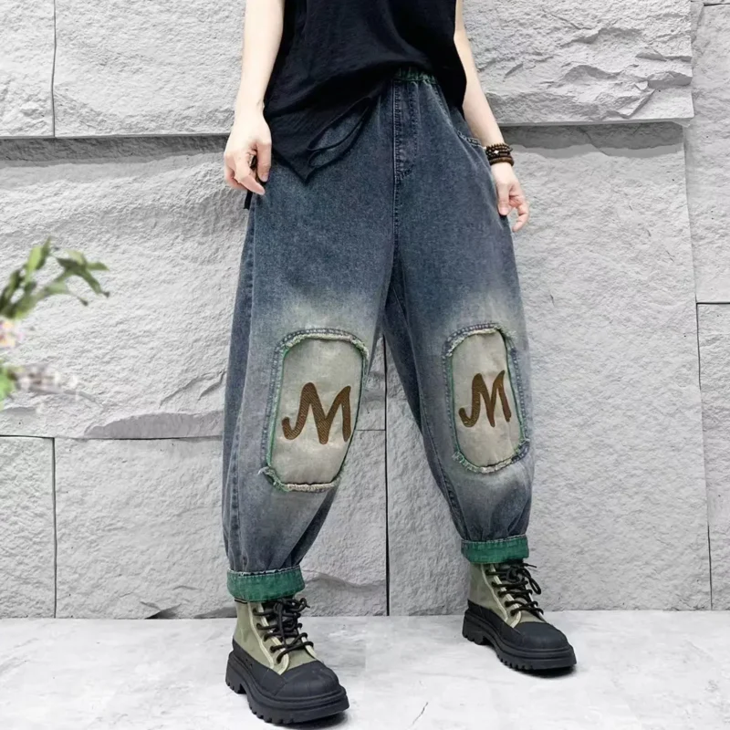 Jeansy damskie baggy z wysokim stanem, z elastycznego denimu, patchworkowe