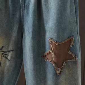 Jeansy damskie baggy z haftem, patchworkowe, w stylu retro
