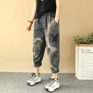 Jeansy damskie baggy z wysokim stanem, z elastycznego denimu, patchworkowe