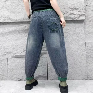 Jeansy damskie baggy z wysokim stanem, z elastycznego denimu, patchworkowe