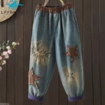 Jeansy damskie baggy z haftem, patchworkowe, w stylu retro