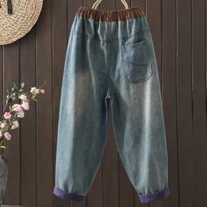 Jeansy damskie baggy z haftem, patchworkowe, w stylu retro