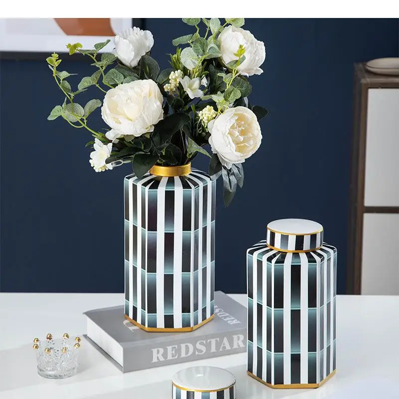 Ceramiczny wazon dekoracyjny porcelanowy, sześciokątny, z pokrywką