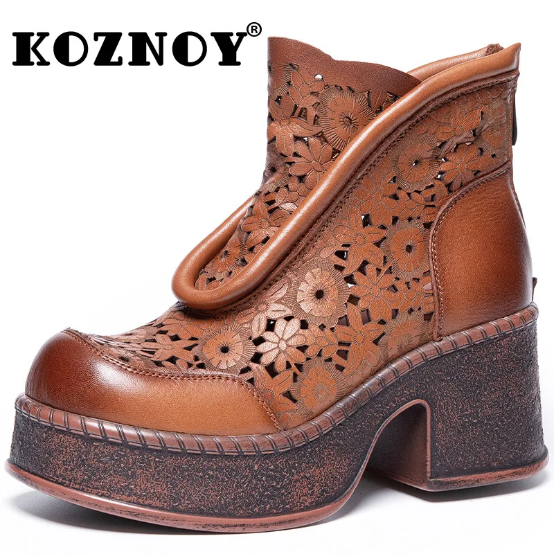 Botki damskie z ażurową cholewką i grubym obcasem - ujęcie produktu