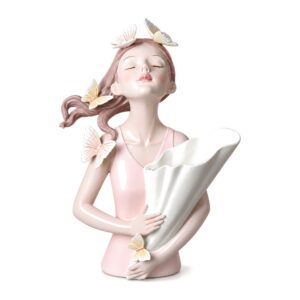 Figurka dziewczyny z tacą i motylami przy twarzy do dekoracji wnętrza - 2013-Pink