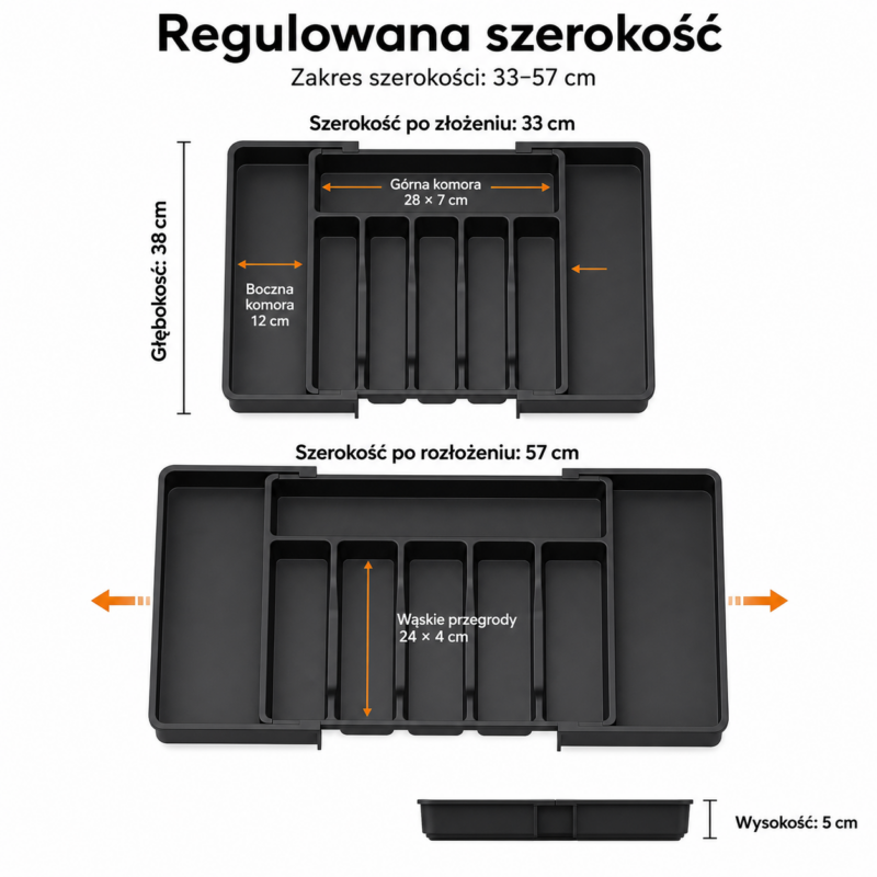 Regulowany wkład na sztućce do szuflady 33-57 cm czarny - dodatkowe ujęcie