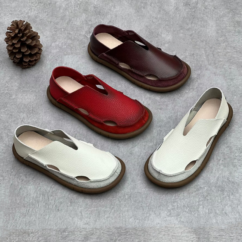 Koznoy 2cm Sandały Ethnic Sewing Natural Genuine Leather Summer Soft Soled Comfy Women Slip on Oxford Loafer Flats Slipper Shoes