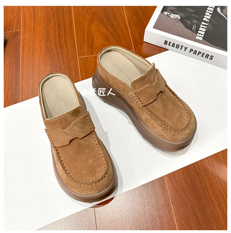 ZJR 8-12cm Buty podwyższające wzrost dla kobiet, vintage mule zamszowe ze skóry bydlęcej, buty z wbudowanym podwyższeniem pięty, mule na platformie z zakrytymi palcami.