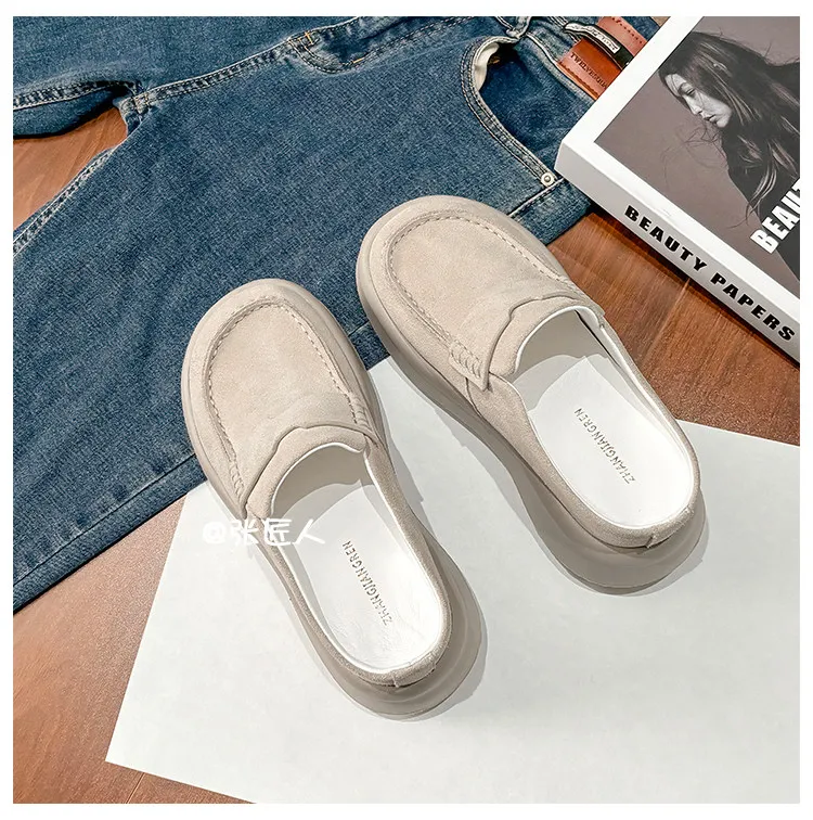 ZJR 8-12cm Buty podwyższające wzrost dla kobiet, vintage mule zamszowe ze skóry bydlęcej, buty z wbudowanym podwyższeniem pięty, mule na platformie z zakrytymi palcami.