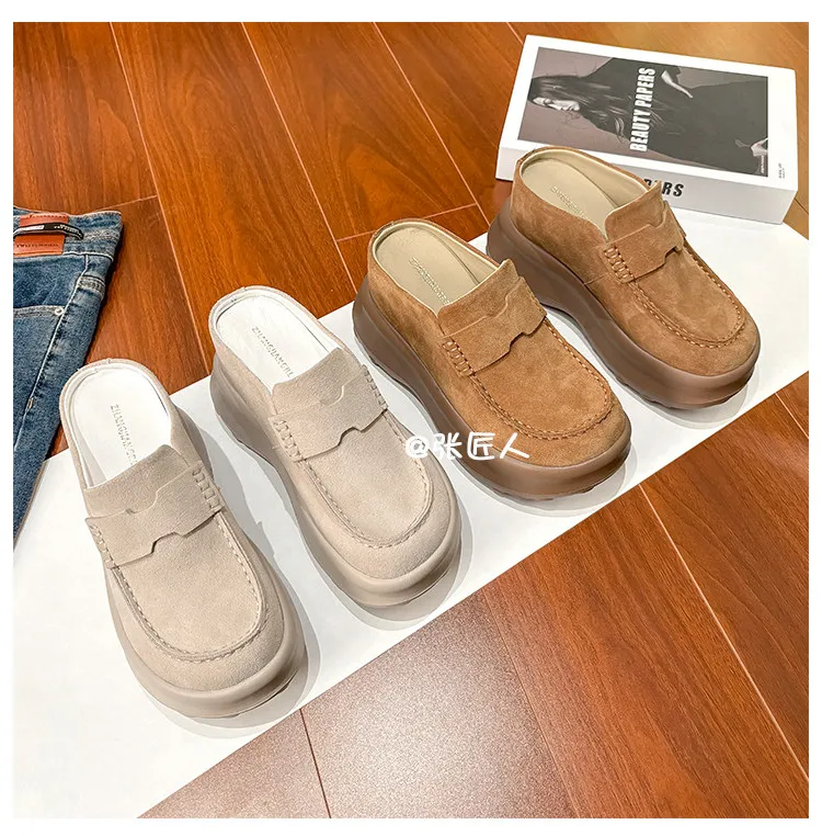 ZJR 8-12cm Buty podwyższające wzrost dla kobiet, vintage mule zamszowe ze skóry bydlęcej, buty z wbudowanym podwyższeniem pięty, mule na platformie z zakrytymi palcami.