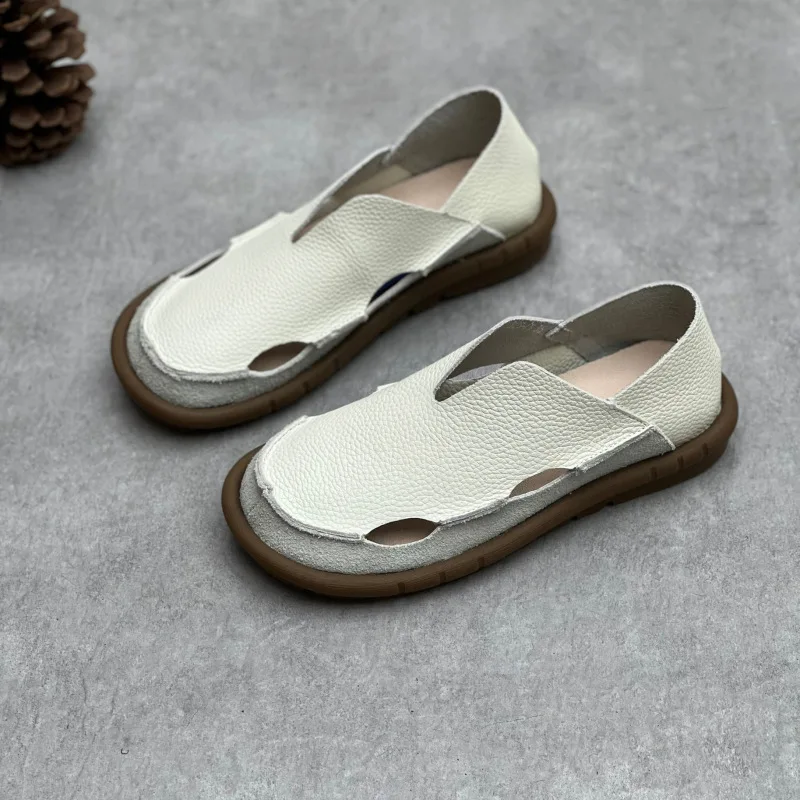 Koznoy 2cm Sandały Ethnic Sewing Natural Genuine Leather Summer Soft Soled Comfy Women Slip on Oxford Loafer Flats Slipper Shoes