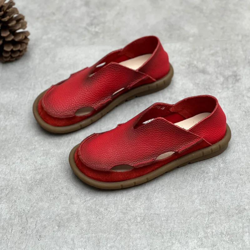 Koznoy 2cm Sandały Ethnic Sewing Natural Genuine Leather Summer Soft Soled Comfy Women Slip on Oxford Loafer Flats Slipper Shoes