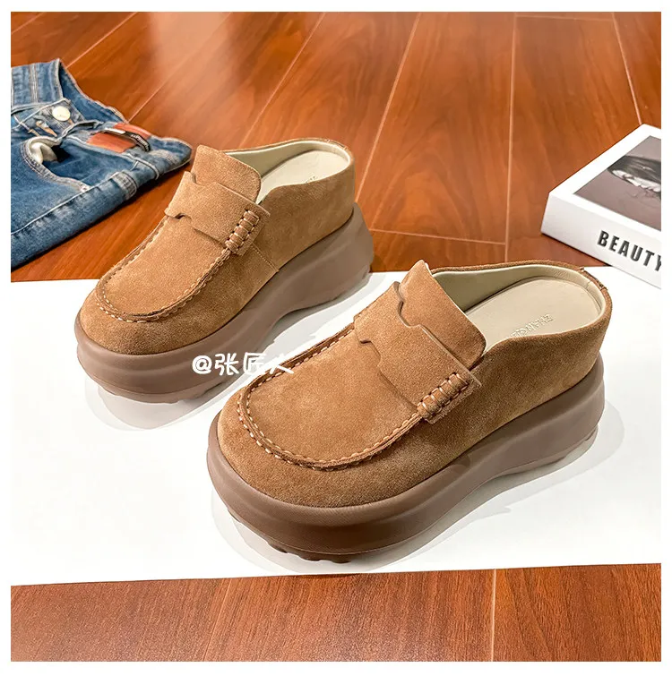ZJR 8-12cm Buty podwyższające wzrost dla kobiet, vintage mule zamszowe ze skóry bydlęcej, buty z wbudowanym podwyższeniem pięty, mule na platformie z zakrytymi palcami.
