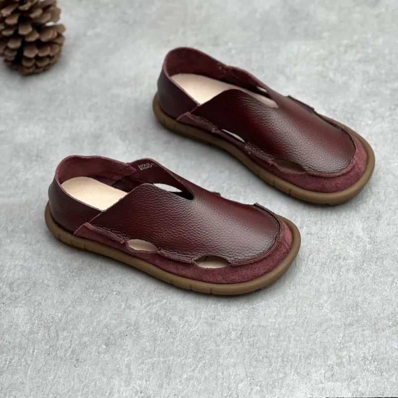 Koznoy 2cm Sandały Ethnic Sewing Natural Genuine Leather Summer Soft Soled Comfy Women Slip on Oxford Loafer Flats Slipper Shoes