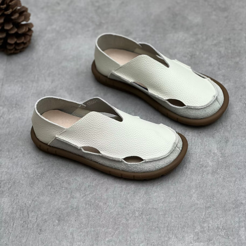 Koznoy 2cm Sandały Ethnic Sewing Natural Genuine Leather Summer Soft Soled Comfy Women Slip on Oxford Loafer Flats Slipper Shoes