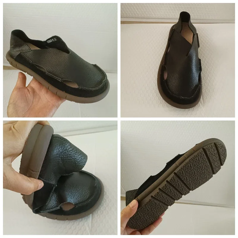 Koznoy 2cm Sandały Ethnic Sewing Natural Genuine Leather Summer Soft Soled Comfy Women Slip on Oxford Loafer Flats Slipper Shoes