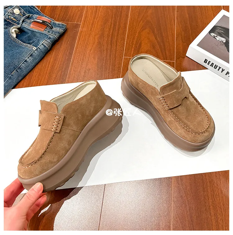 ZJR 8-12cm Buty podwyższające wzrost dla kobiet, vintage mule zamszowe ze skóry bydlęcej, buty z wbudowanym podwyższeniem pięty, mule na platformie z zakrytymi palcami.