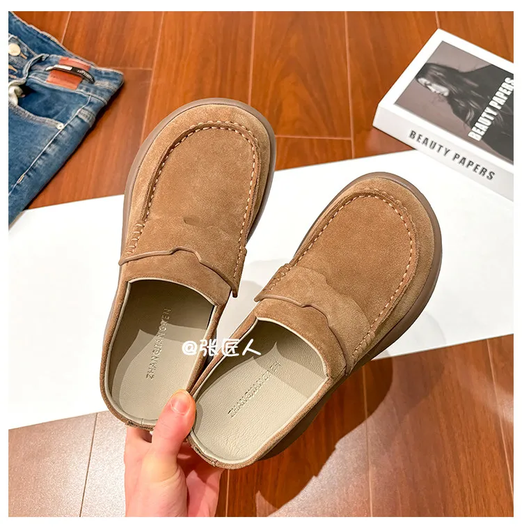 ZJR 8-12cm Buty podwyższające wzrost dla kobiet, vintage mule zamszowe ze skóry bydlęcej, buty z wbudowanym podwyższeniem pięty, mule na platformie z zakrytymi palcami.