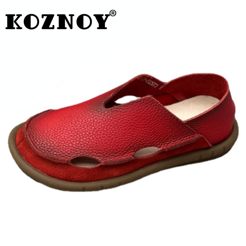 Koznoy 2cm Sandały Ethnic Sewing Natural Genuine Leather Summer Soft Soled Comfy Women Slip on Oxford Loafer Flats Slipper Shoes