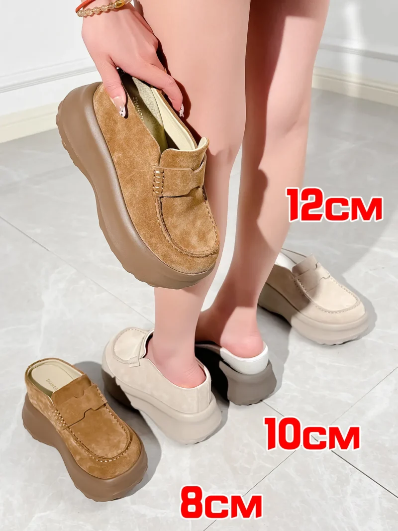 ZJR 8-12cm Buty podwyższające wzrost dla kobiet, vintage mule zamszowe ze skóry bydlęcej, buty z wbudowanym podwyższeniem pięty, mule na platformie z zakrytymi palcami.