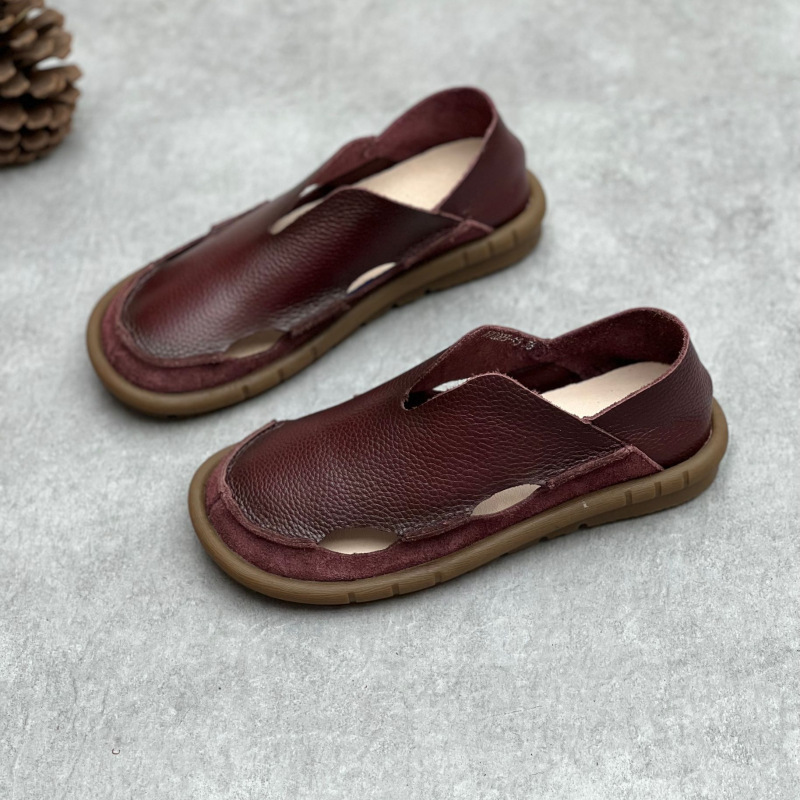 Koznoy 2cm Sandały Ethnic Sewing Natural Genuine Leather Summer Soft Soled Comfy Women Slip on Oxford Loafer Flats Slipper Shoes