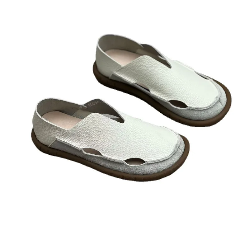 Koznoy 2cm Sandały Ethnic Sewing Natural Genuine Leather Summer Soft Soled Comfy Women Slip on Oxford Loafer Flats Slipper Shoes