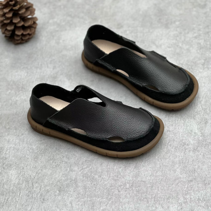Koznoy 2cm Sandały Ethnic Sewing Natural Genuine Leather Summer Soft Soled Comfy Women Slip on Oxford Loafer Flats Slipper Shoes