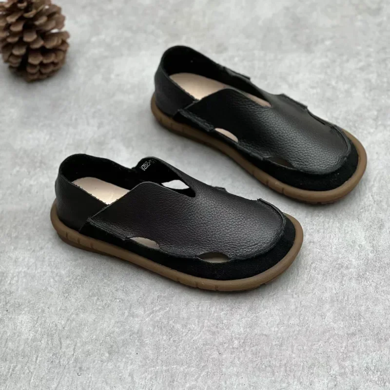 Koznoy 2cm Sandały Ethnic Sewing Natural Genuine Leather Summer Soft Soled Comfy Women Slip on Oxford Loafer Flats Slipper Shoes