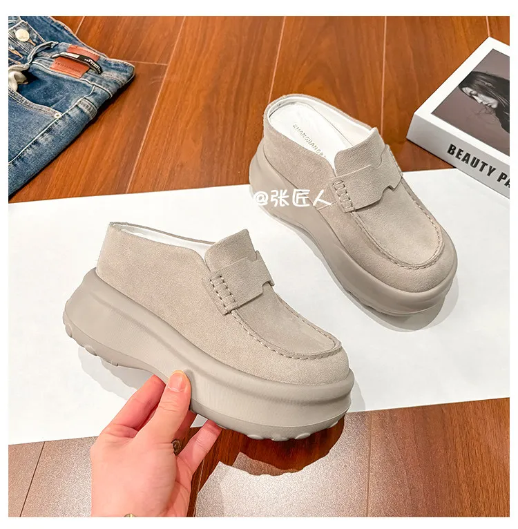 ZJR 8-12cm Buty podwyższające wzrost dla kobiet, vintage mule zamszowe ze skóry bydlęcej, buty z wbudowanym podwyższeniem pięty, mule na platformie z zakrytymi palcami.