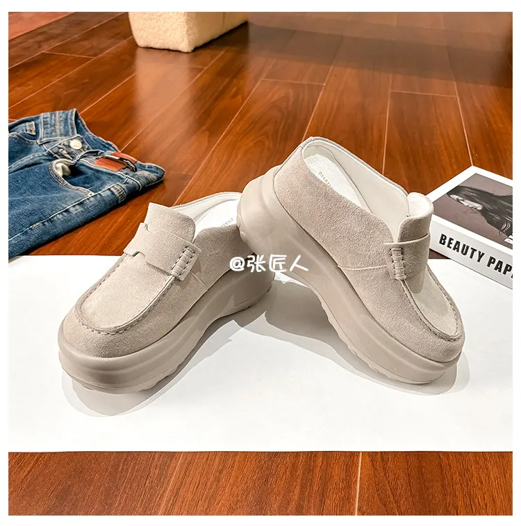 ZJR 8-12cm Buty podwyższające wzrost dla kobiet, vintage mule zamszowe ze skóry bydlęcej, buty z wbudowanym podwyższeniem pięty, mule na platformie z zakrytymi palcami.