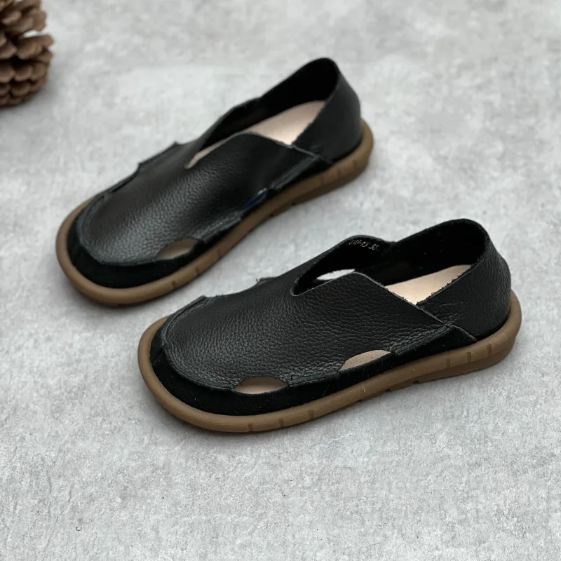 Koznoy 2cm Sandały Ethnic Sewing Natural Genuine Leather Summer Soft Soled Comfy Women Slip on Oxford Loafer Flats Slipper Shoes