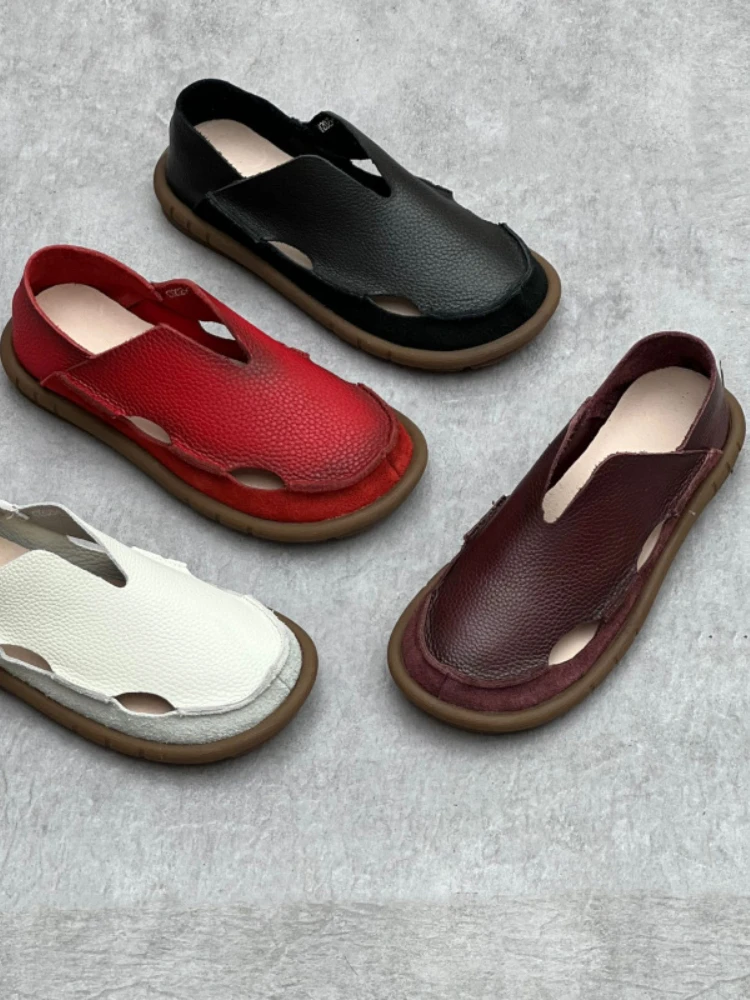 Koznoy 2cm Sandały Ethnic Sewing Natural Genuine Leather Summer Soft Soled Comfy Women Slip on Oxford Loafer Flats Slipper Shoes