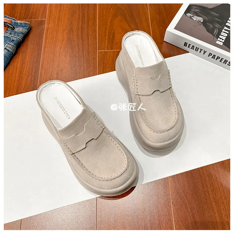 ZJR 8-12cm Buty podwyższające wzrost dla kobiet, vintage mule zamszowe ze skóry bydlęcej, buty z wbudowanym podwyższeniem pięty, mule na platformie z zakrytymi palcami.