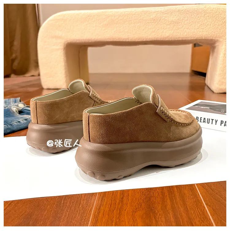 ZJR 8-12cm Buty podwyższające wzrost dla kobiet, vintage mule zamszowe ze skóry bydlęcej, buty z wbudowanym podwyższeniem pięty, mule na platformie z zakrytymi palcami.