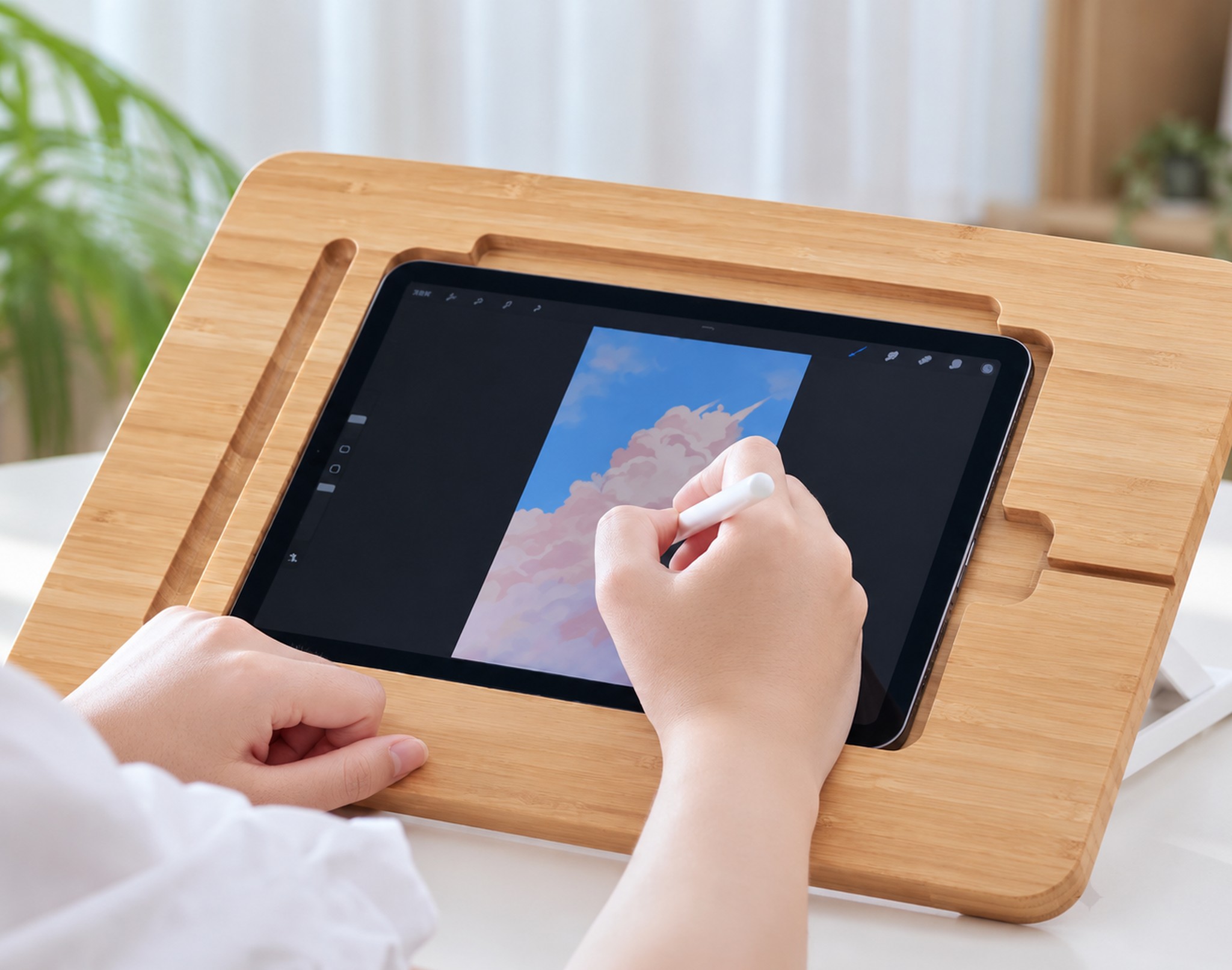 tablet osadzony we frezowanej wnęce, dłoń rysuje rysikiem, bez napisów i logo