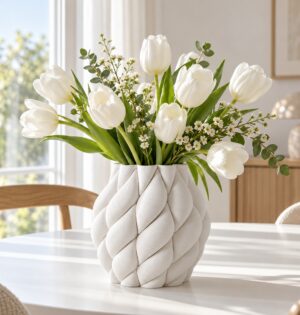 Biały wazon ceramiczny pikowany, wzór w romby, 3 kształty, matowy - skandynawska jadalnia, skręcony wazon z tulipanami