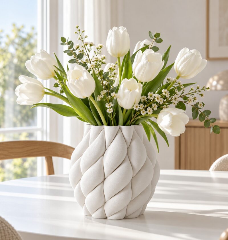Biały wazon ceramiczny pikowany, wzór w romby, 3 kształty, matowy - skandynawska jadalnia, skręcony wazon z tulipanami
