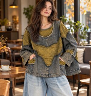 Bluza damska jeansowa oversize z patchworkiem, rękawy nietoperzowe - modelka w kawiarni, bluza z oliwkową wstawką, szerokie jasne jeansy