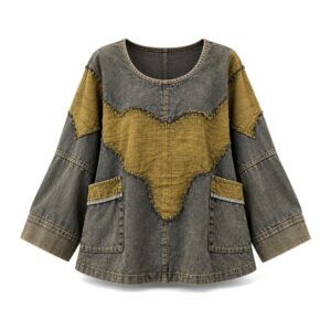 Bluza damska jeansowa oversize z patchworkiem, rękawy nietoperzowe - zdjęcie główne