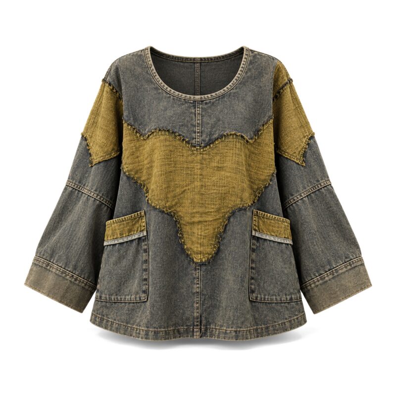Bluza damska jeansowa oversize z patchworkiem, rękawy nietoperzowe - zdjęcie główne