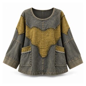 Bluza damska jeansowa oversize z patchworkiem, rękawy nietoperzowe - wariant szary z oliwkowymi wstawkami