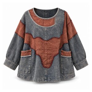 Bluza damska jeansowa oversize z patchworkiem, rękawy nietoperzowe - wariant szary z rdzawymi wstawkami