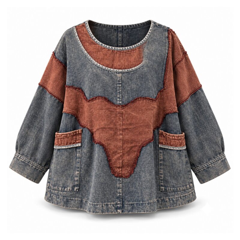 Bluza damska jeansowa oversize z patchworkiem, rękawy nietoperzowe - wariant szary z rdzawymi wstawkami