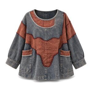 Bluza damska jeansowa oversize z patchworkiem, rękawy nietoperzowe - wariant z rdzawymi wstawkami, ghost mannequin, przód